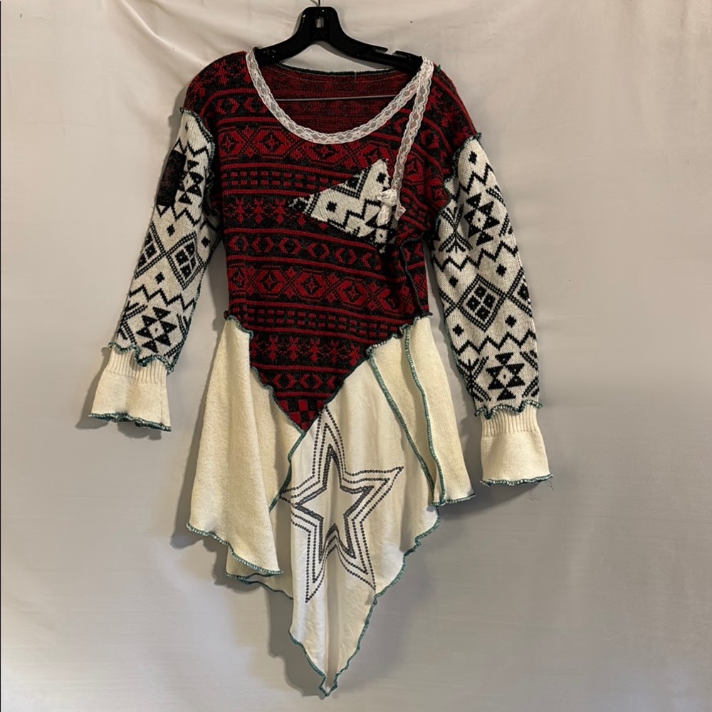 Red And Cream Patchwork Patterned Sweater Aztec I… - image 1
